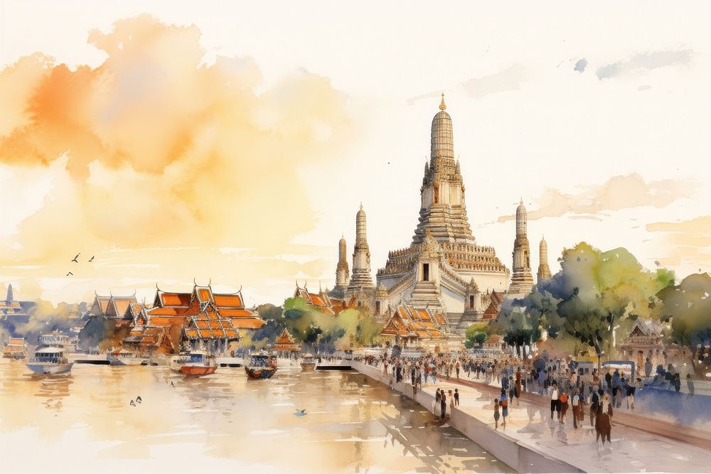 Illustration of Wat Arun architecture building outdoors.