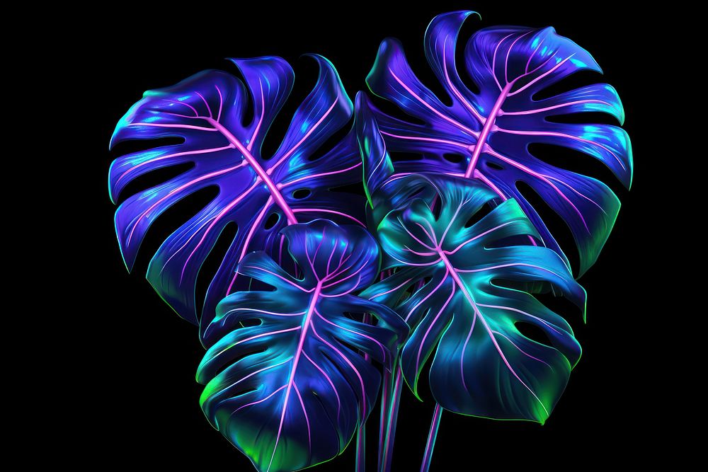 Neon Monstera deliciosa plants individaul pattern purple light.
