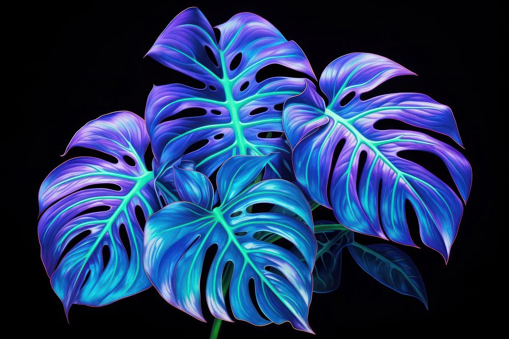 Neon Monstera deliciosa plants individaul pattern purple leaf.
