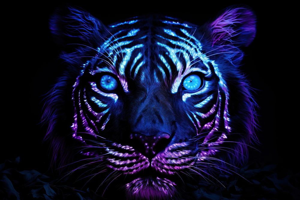 Neon closeup tiger face with leaf in the wild wildlife animal mammal.