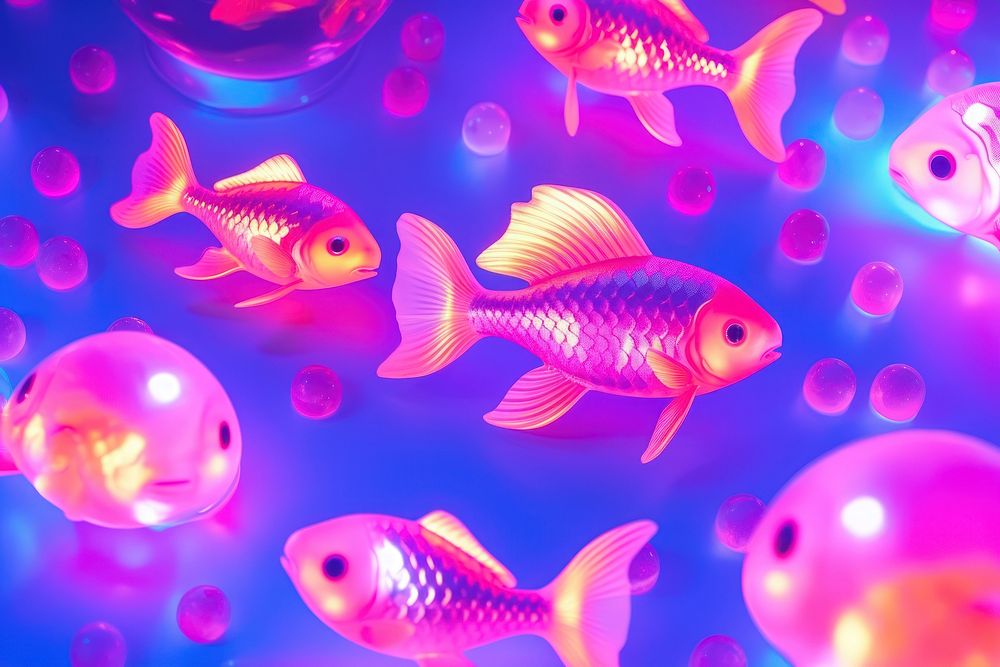 Neon goldfishs glowing light purple underwater pattern.
