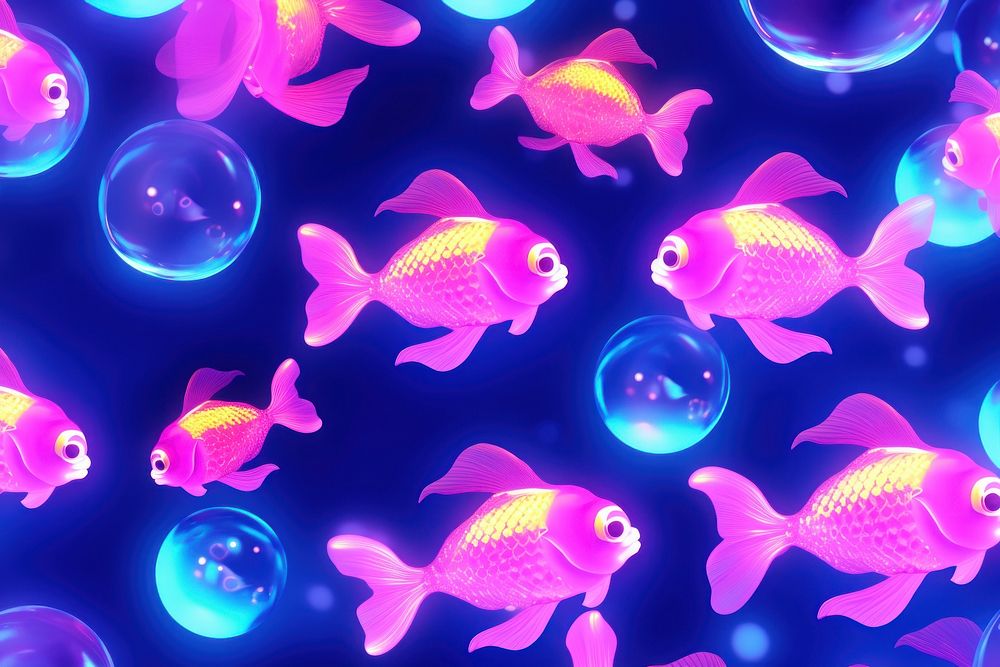 Neon goldfishs glowing light purple backgrounds underwater.