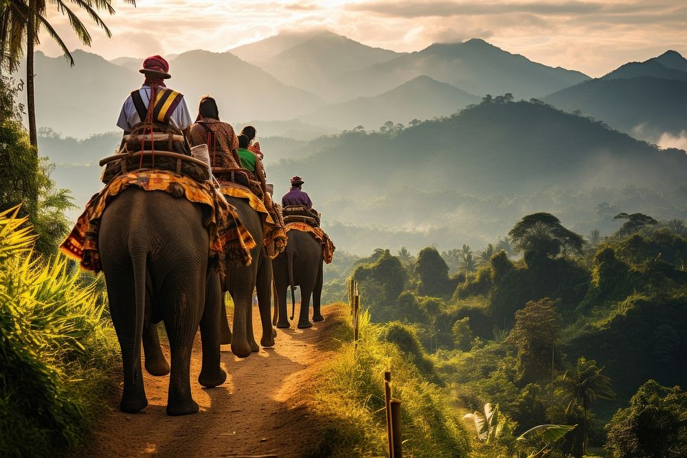 Tourists riding the elephant land landscape adventure.