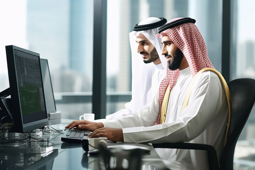 Saudi software engineers computer office adult.
