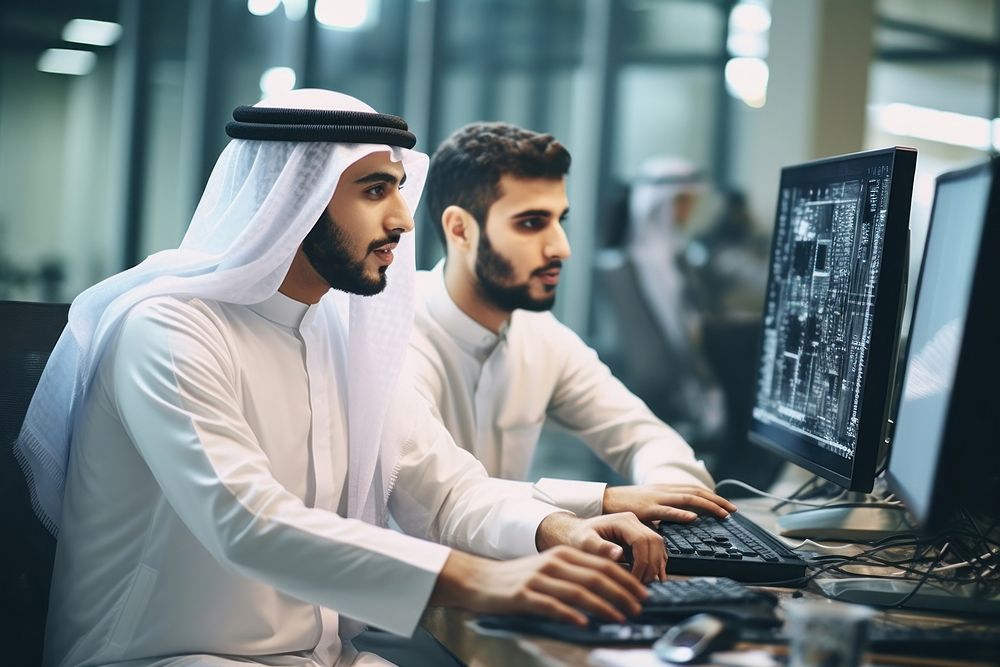 Saudi software engineers computer office adult.