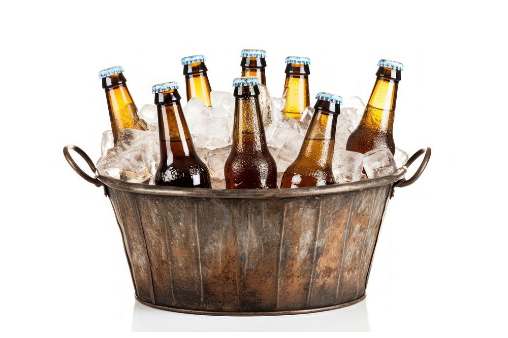 Assorted beer bottles in a metal bucket full of ice drink white background refreshment.