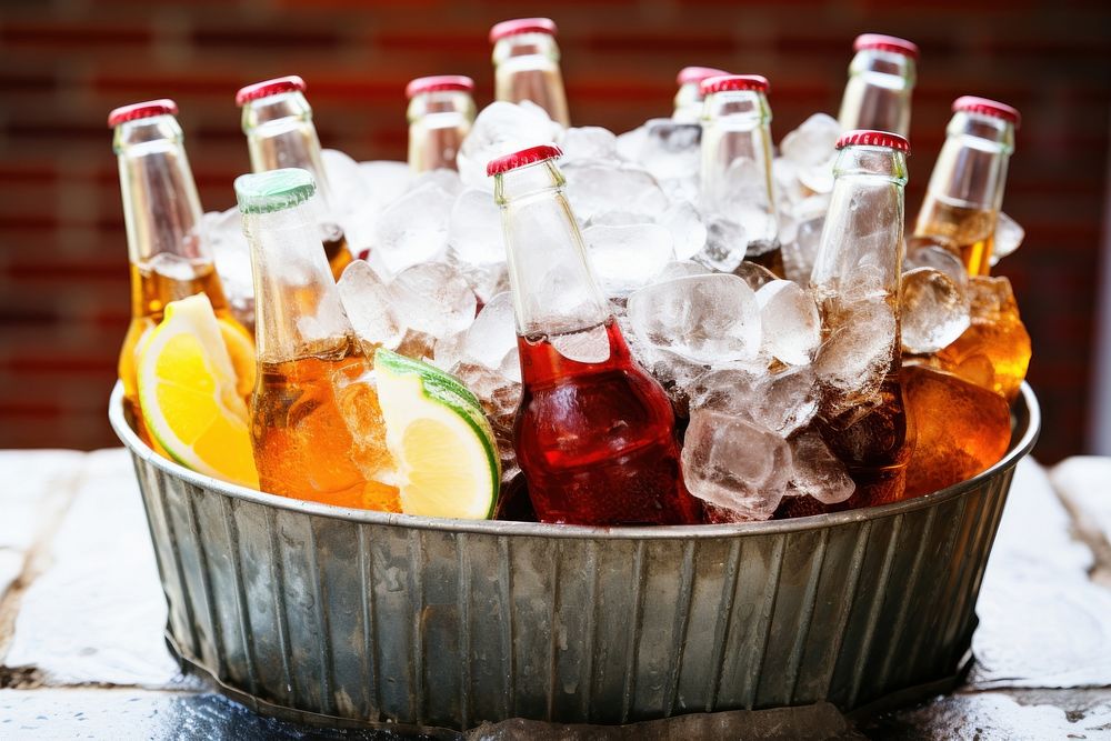Assorted soda bottles in a metal bucket full of ice drink food refreshment.