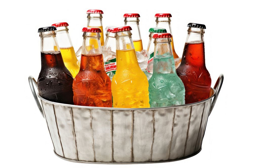 Assorted soda bottles in a metal bucket full of ice drink beer white background.