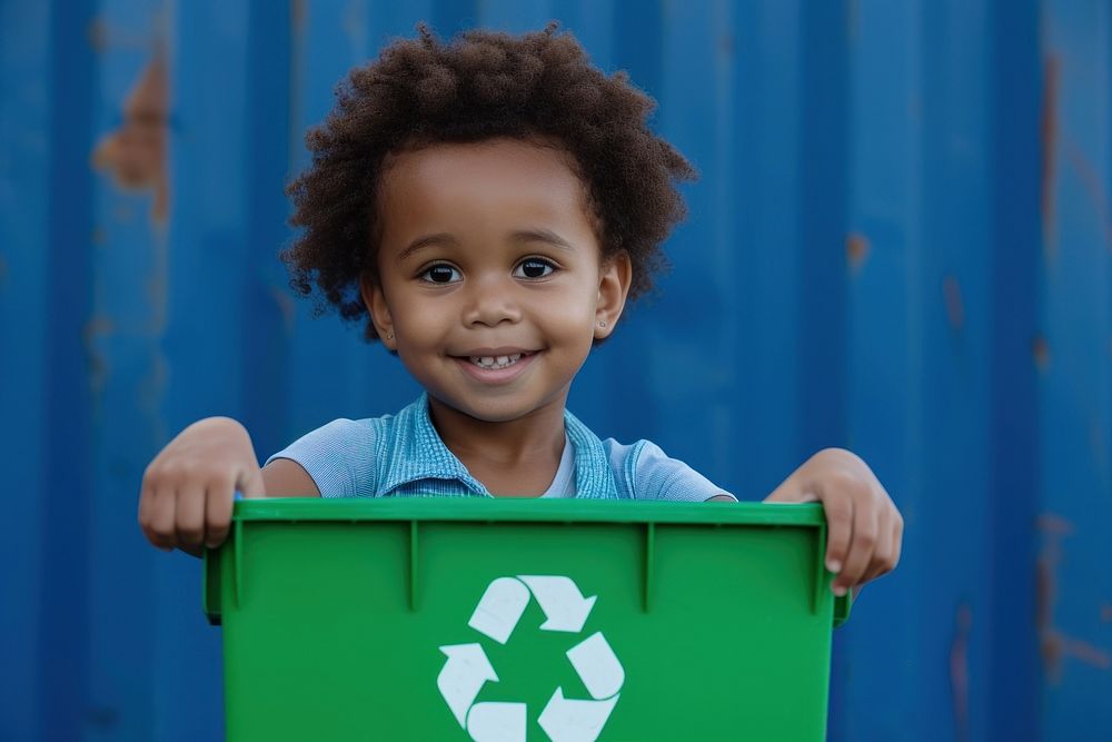 Kid holding recycle bin child green innocence.