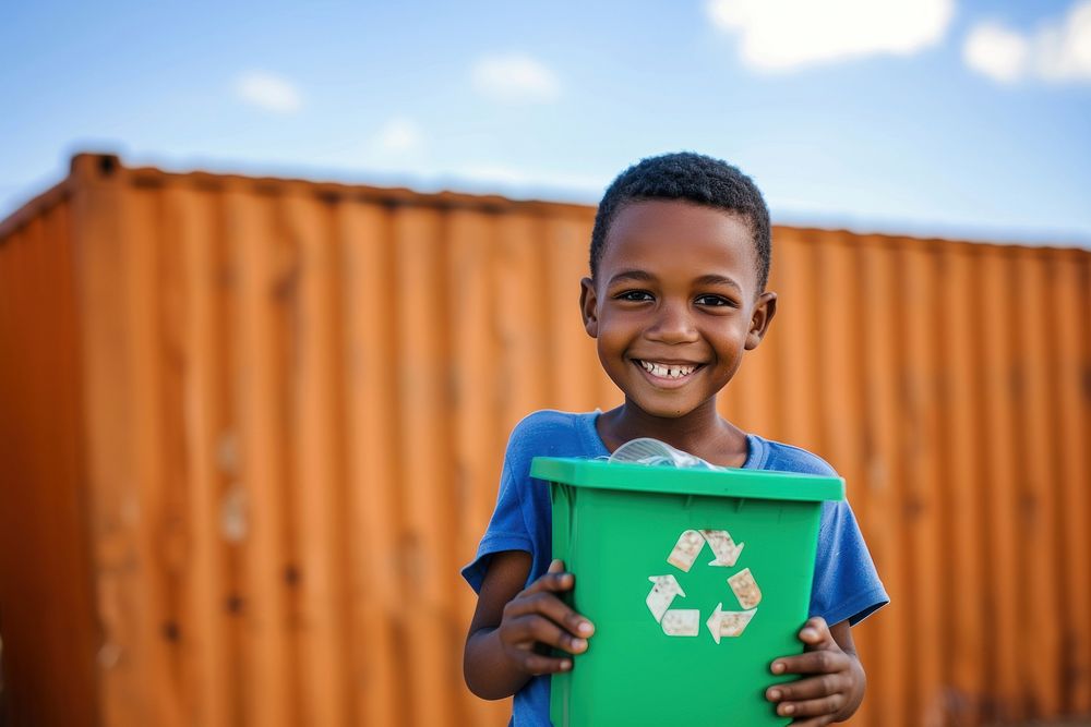 Kid holding recycle bin smile recycling happiness.
