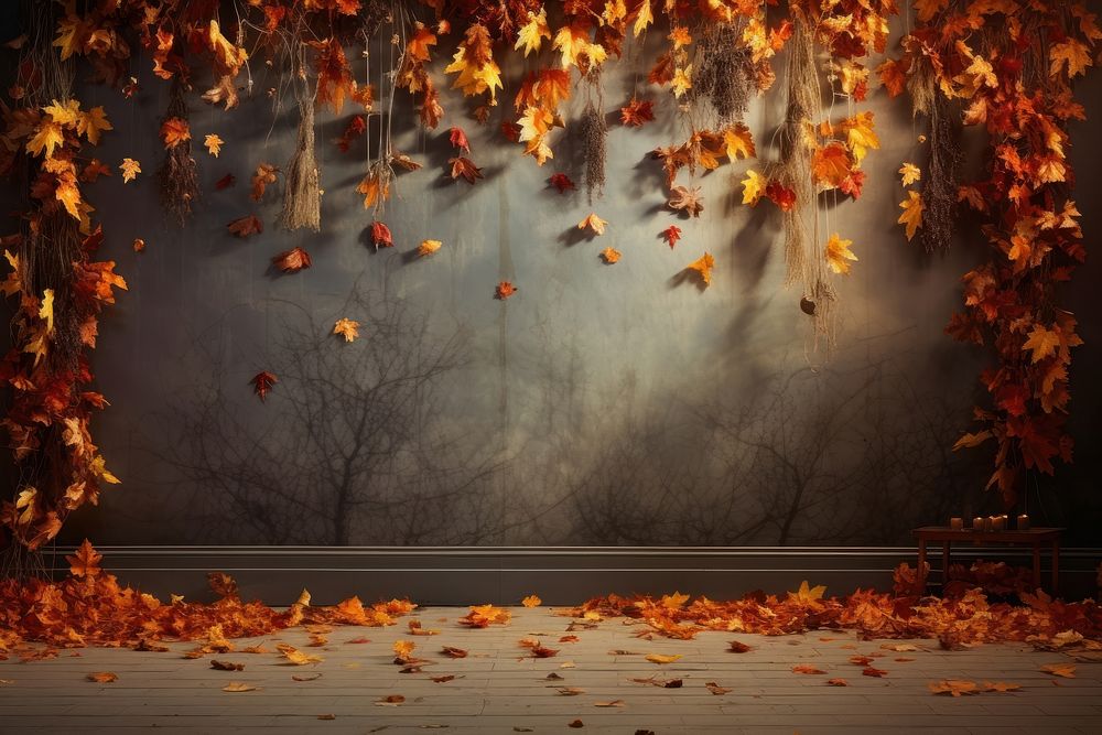 Empty space room and fall leaves backgrounds autumn plant.