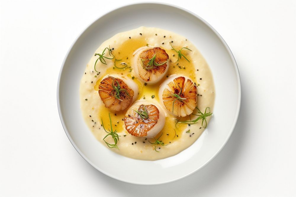Sancerre-Poached Scallops with Soft Grits plate food meal.