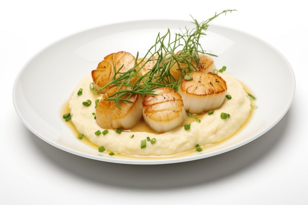 Sancerre-Poached Scallops with Soft Grits plate food meal.
