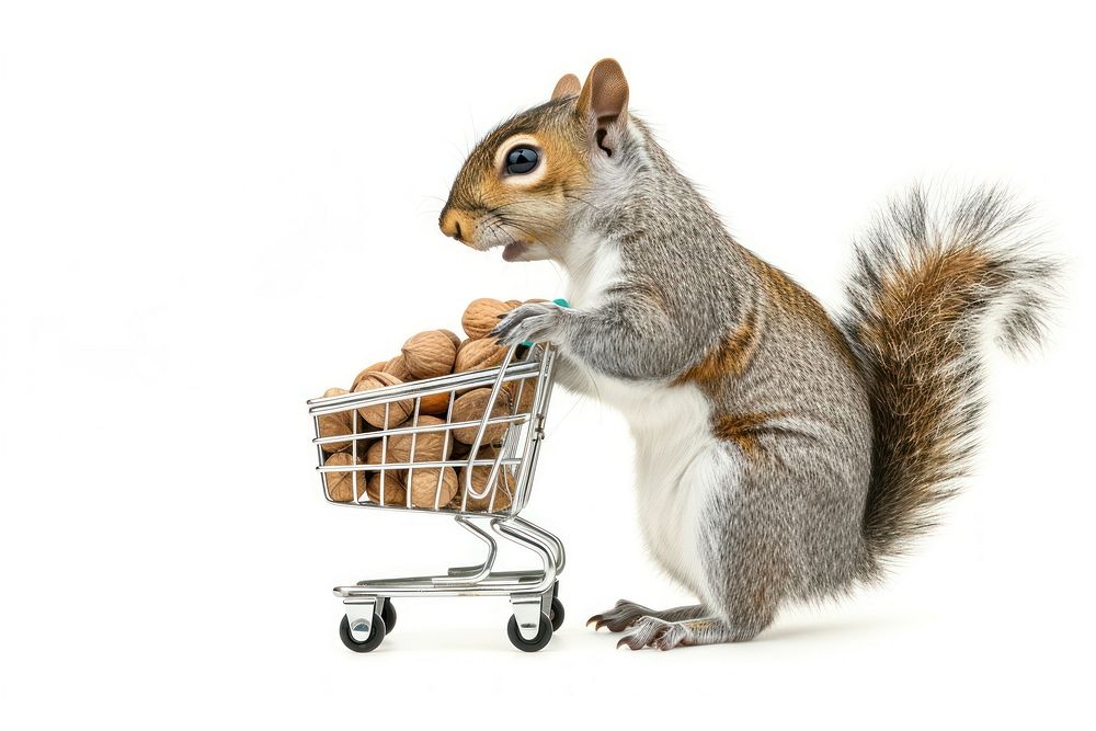 Squirrel holding shopping cart animal mammal rodent.