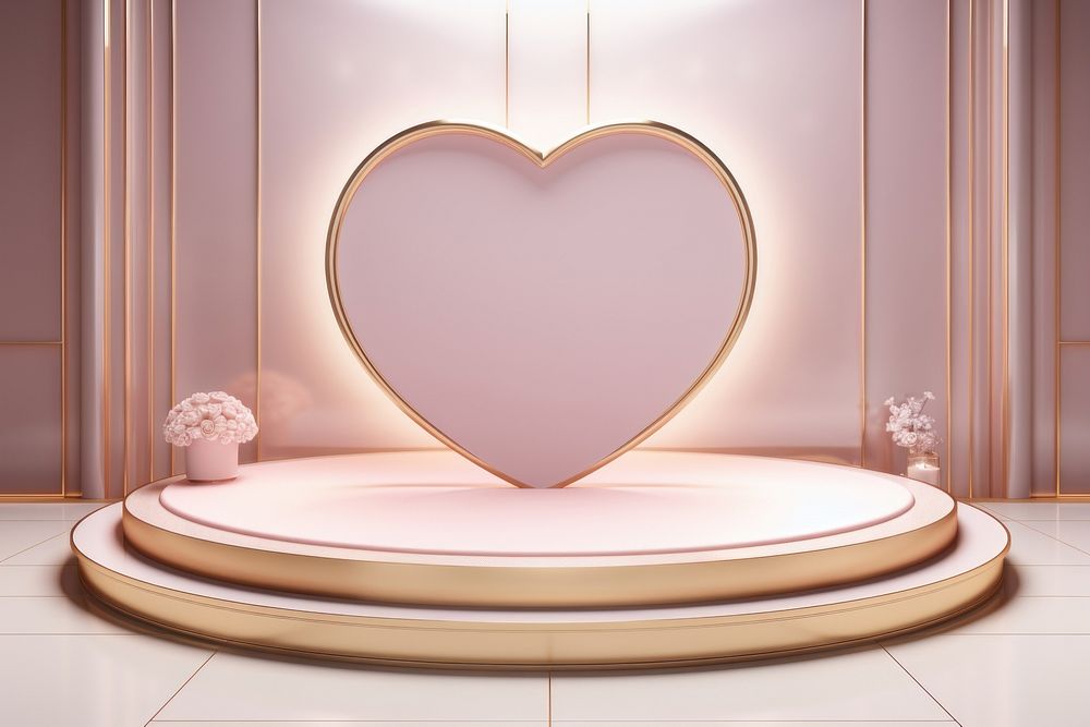 Product podium with heart shape architecture illuminated decoration.