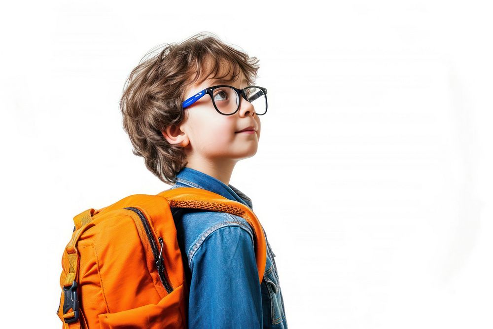 Kid backpack glasses white background.