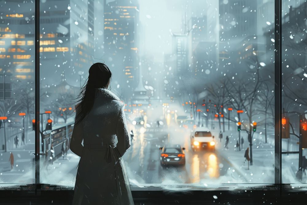 A business women dressed in formal clothes in front of a floor-to-ceiling window in an office snow vehicle adult.