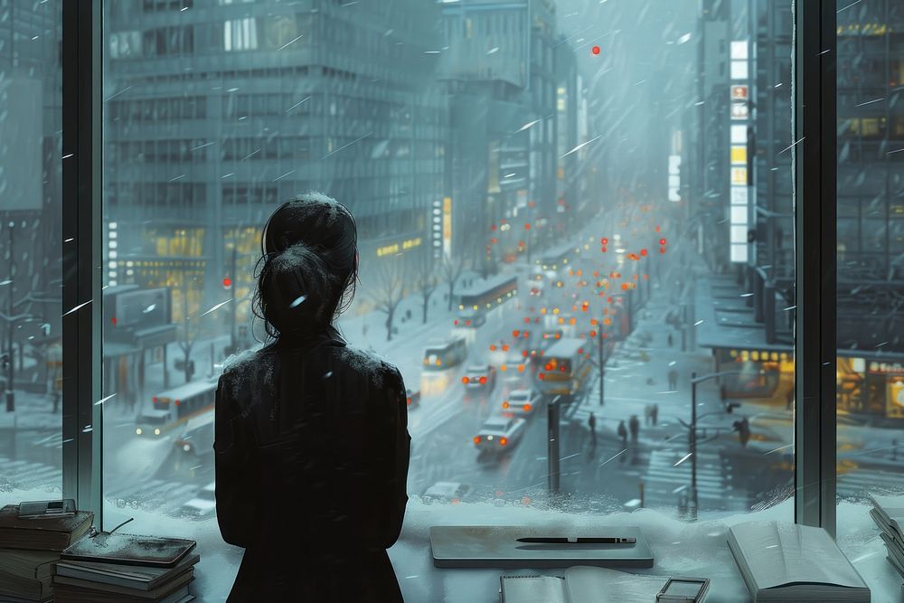 A business women dressed in formal clothes in front of a floor-to-ceiling window in an office snow adult city.