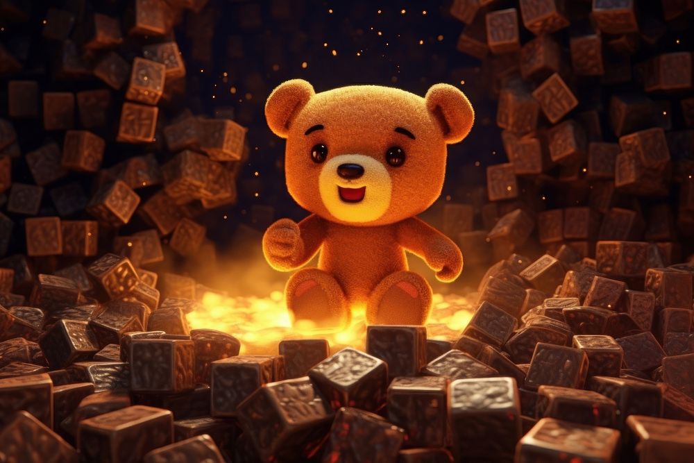 A giant cubed skinny cute brown cube teddy bear in the dark with rocks behind it fire toy representation.