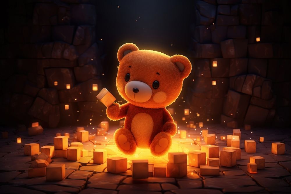 A giant cubed skinny cute brown cube teddy bear in the dark with rocks behind it lighting cartoon fire.