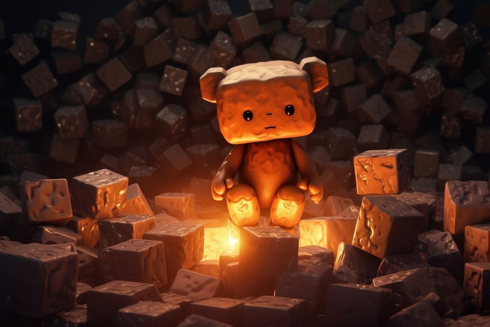 A giant cubed skinny cute brown cube teddy bear in the dark with rocks behind it lighting fire jack-o'-lantern.