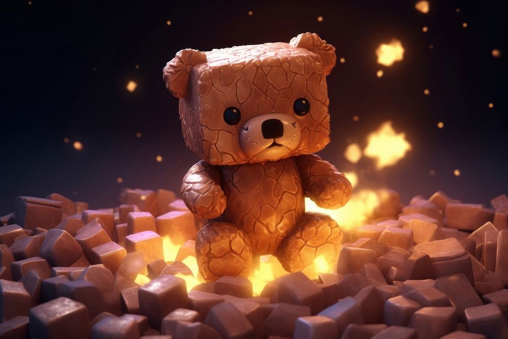A giant cubed skinny cute brown cube teddy bear in the dark with rocks behind it nature mammal light.