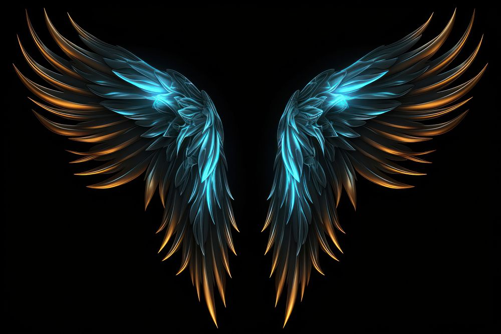 Render of glowing Wings pattern angel black background.