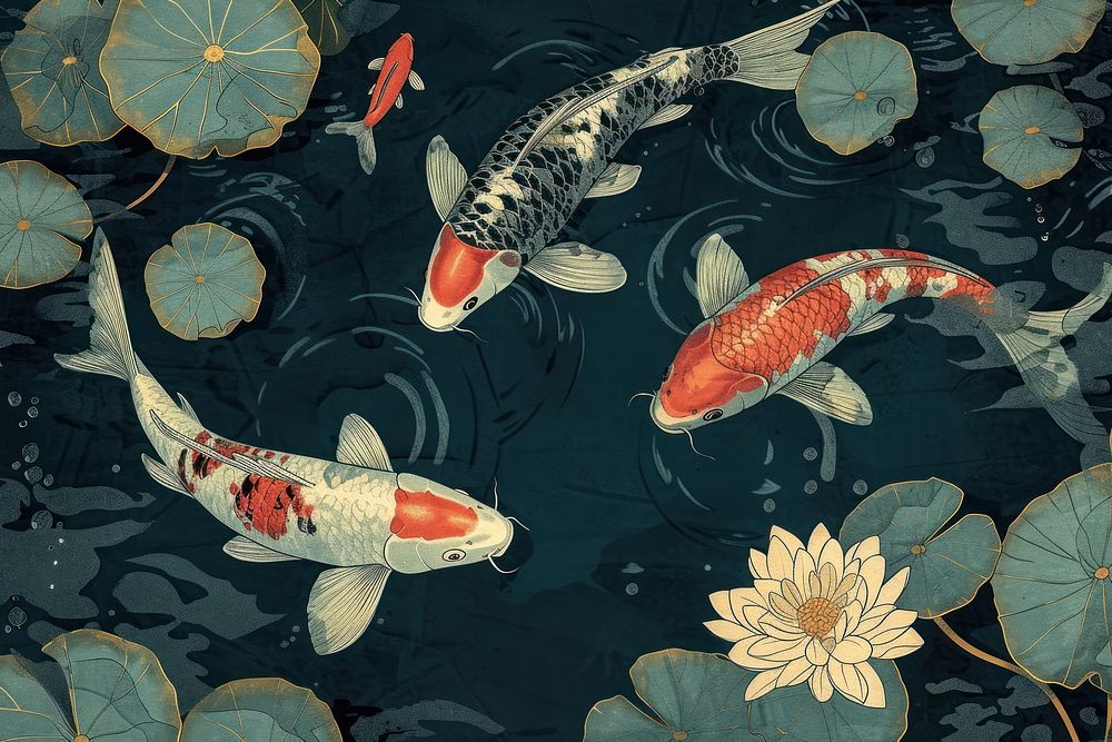 Top view koi fishes in the pond outdoors animal nature.
