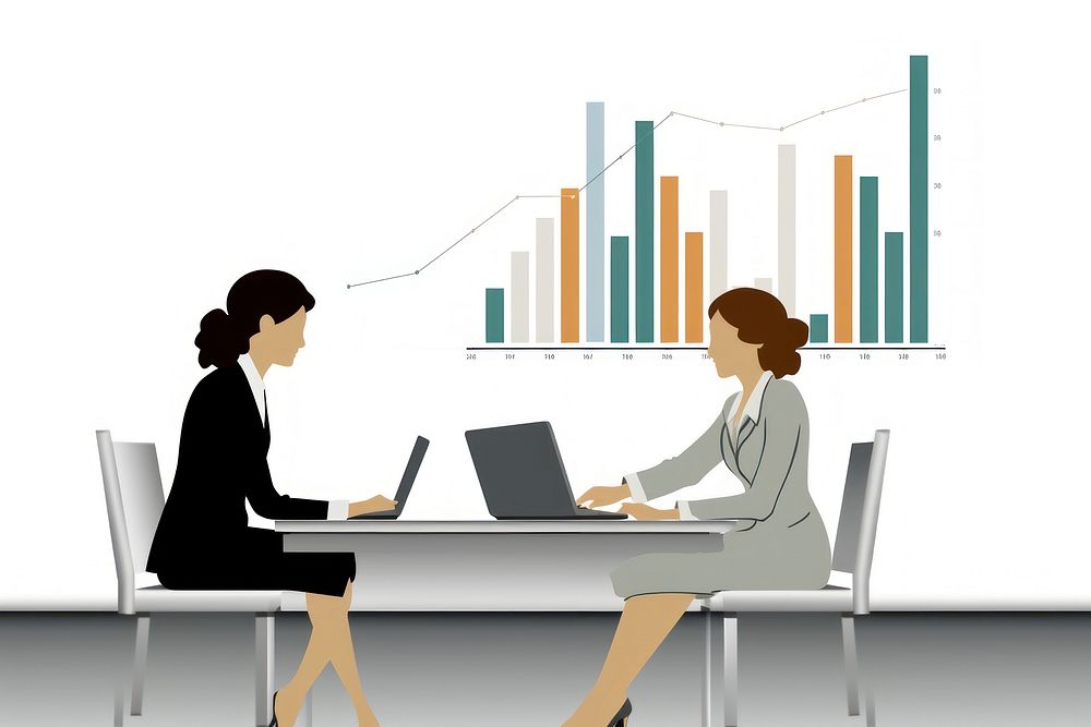 Two business women people are in a room and have graphs on their laptop conversation computer table.