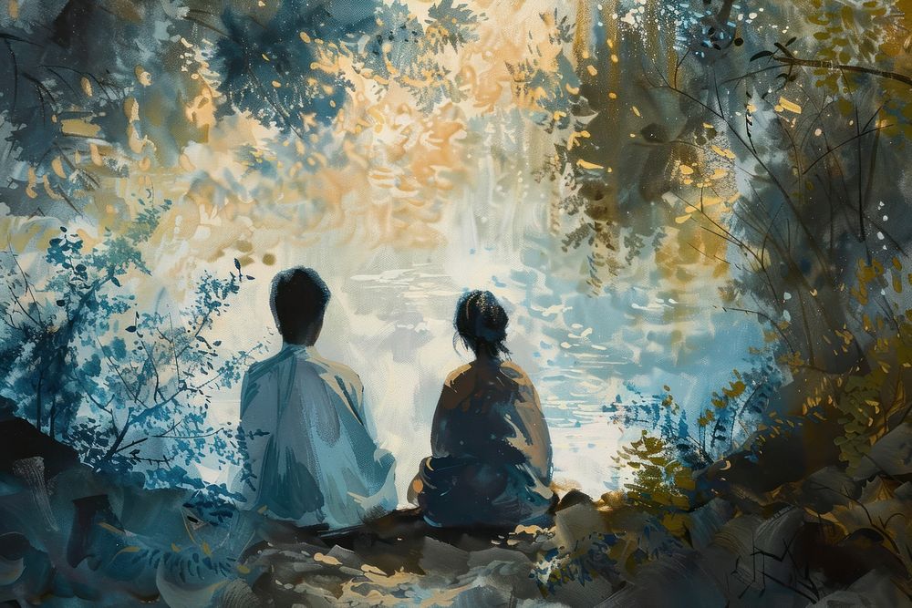 Two friends in deep discussion painting outdoors adult.