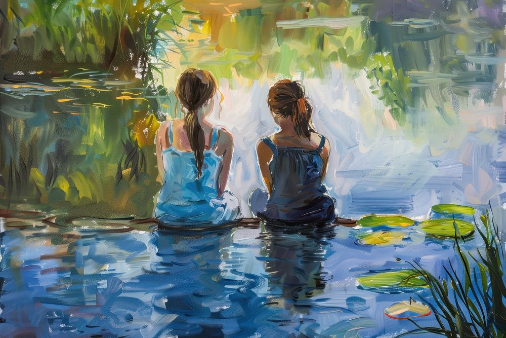 Two friends in deep discussion painting outdoors nature.