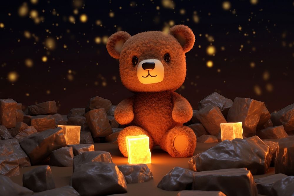 A giant cubed skinny cute brown cube teddy bear in the dark with rocks behind it lighting fire toy.