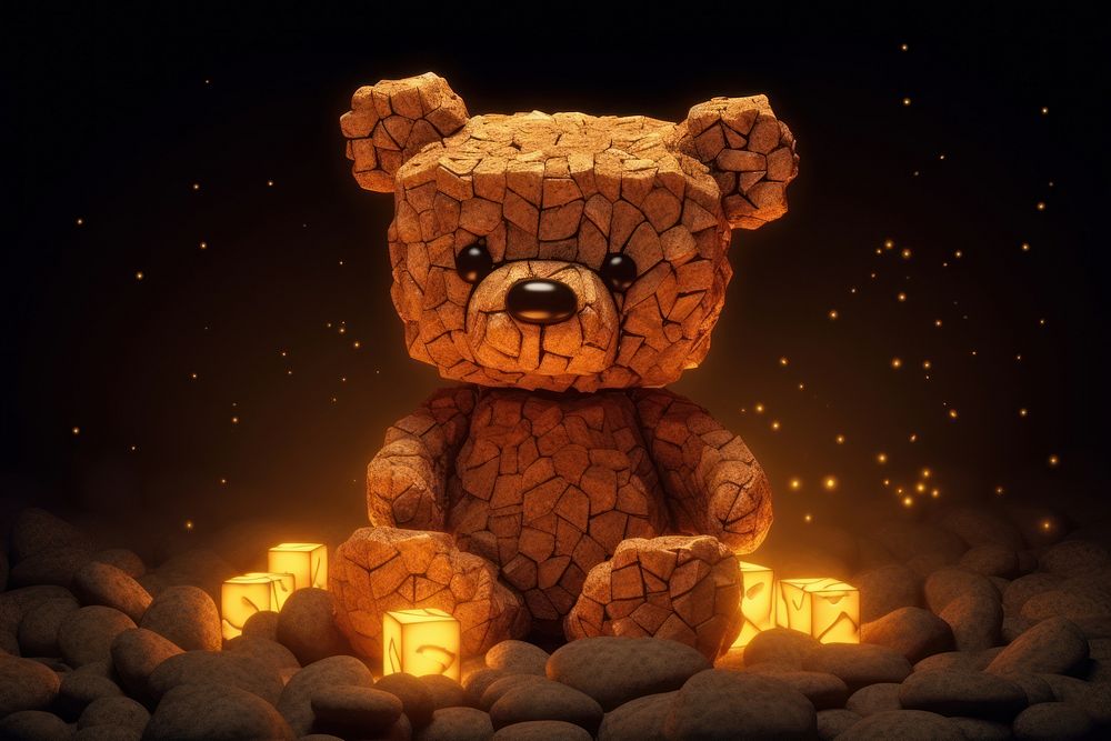 A giant cubed skinny cute brown cube teddy bear in the dark with rocks behind it light fire toy.