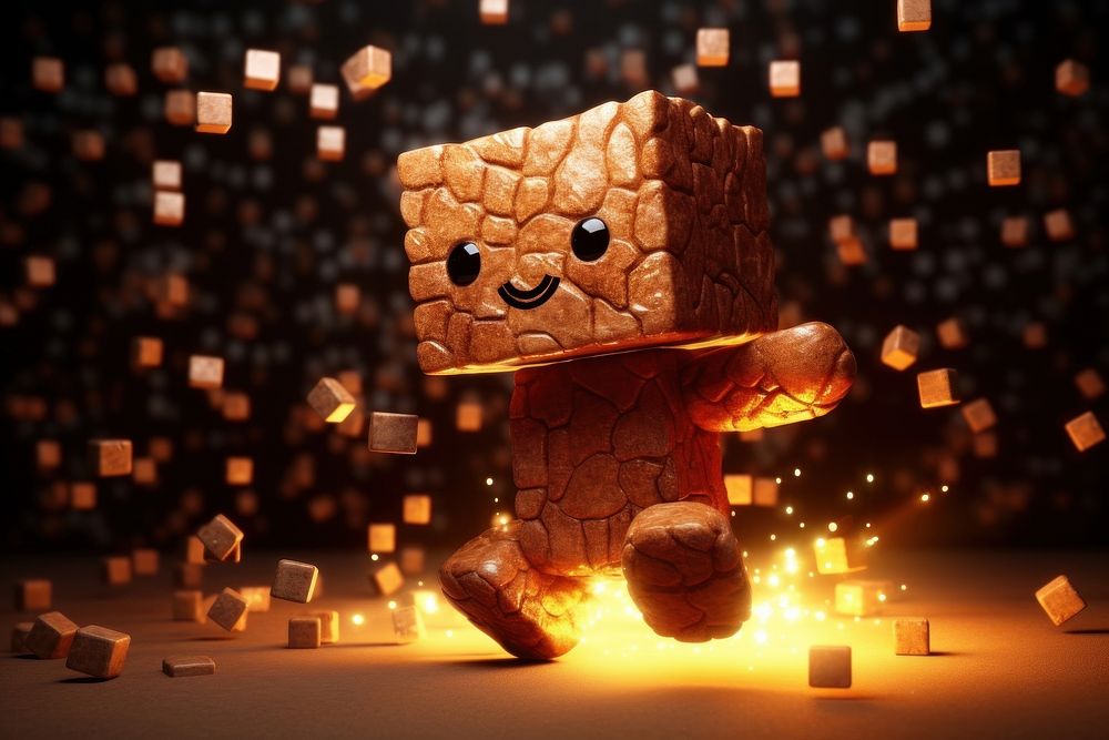 A giant cubed skinny cute brown cube teddy bear in the dark with rocks behind it lighting illuminated celebration.