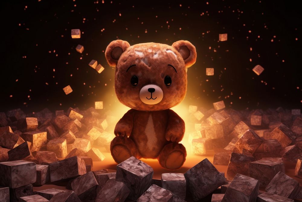 A giant cubed skinny cute brown cube teddy bear in the dark with rocks behind it light toy representation.