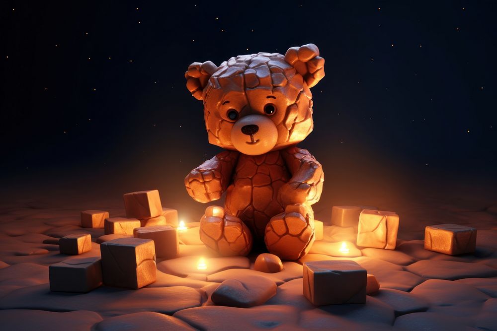 A giant cubed skinny cute brown cube teddy bear in the dark with rocks behind it lighting fire representation.