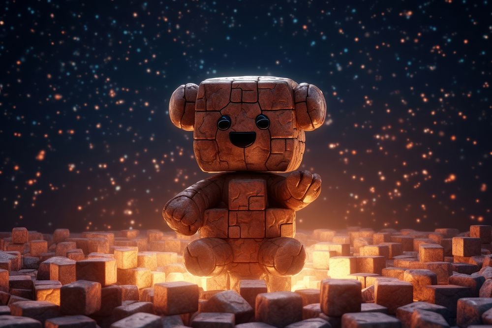 A giant cubed skinny cute brown cube teddy bear in the dark with rocks behind it light fire toy.