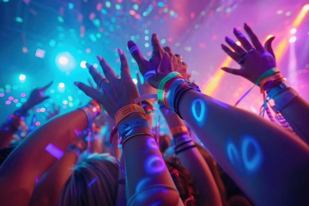 A group of friends wearing Solza silicone wristbands at a music festival celebration atmosphere nightlife.