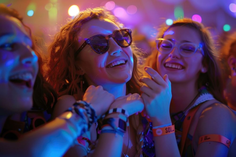 A group of friends wearing Solza silicone wristbands at a music festival celebration nightclub glasses.