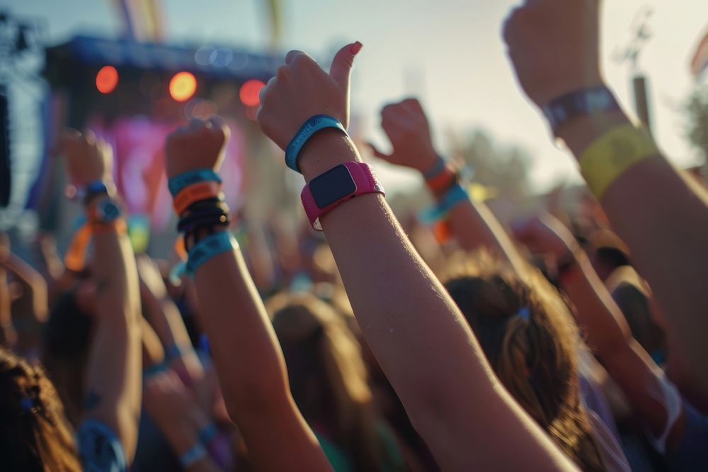 A group of friends wearing Solza silicone wristbands at a music festival celebration atmosphere concert.