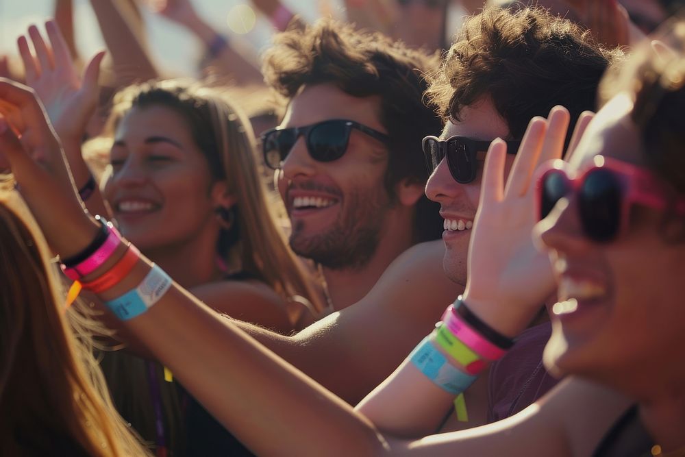 A group of friends wearing Solza silicone wristbands at a music festival celebration atmosphere sunglasses.