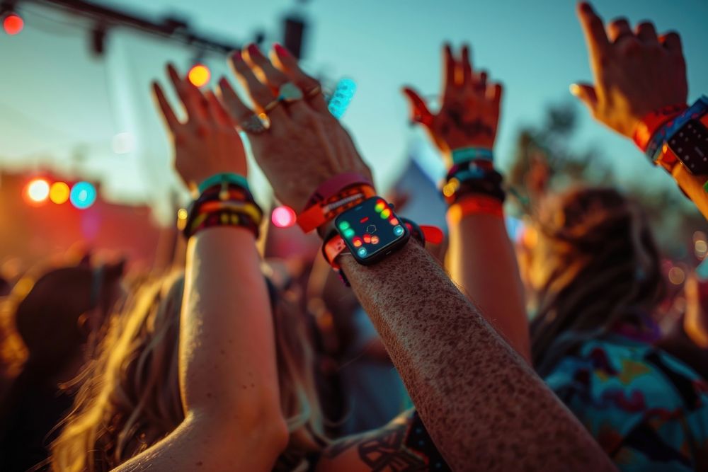 A group of friends wearing Solza silicone wristbands at a music festival celebration atmosphere concert.