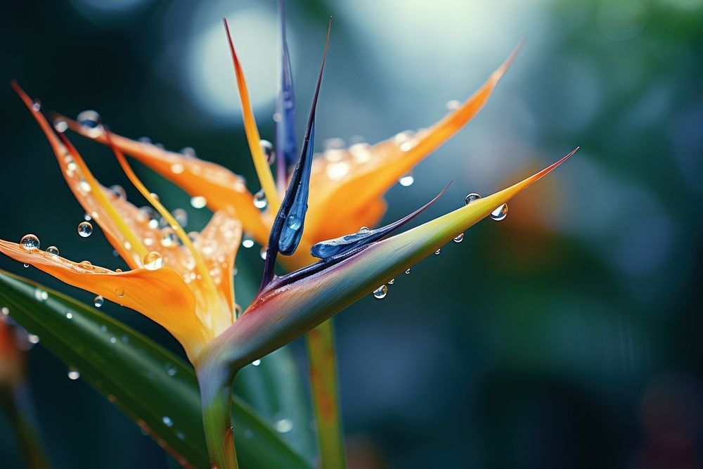 Bird-of-Paradise with dew outdoors droplet flower.