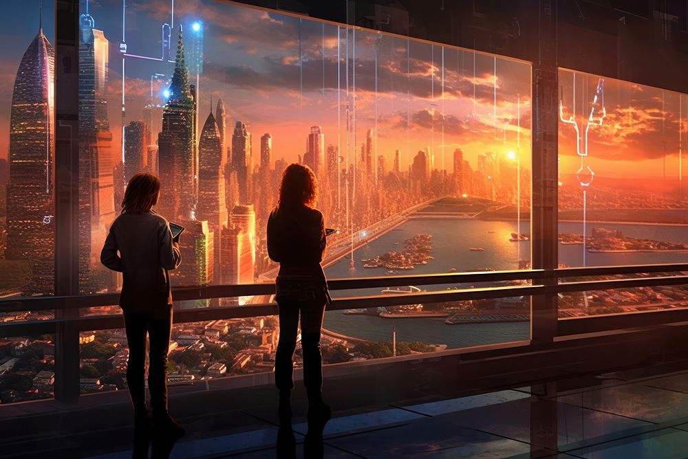 Businesswomen looking at image of city architecture cityscape landscape.