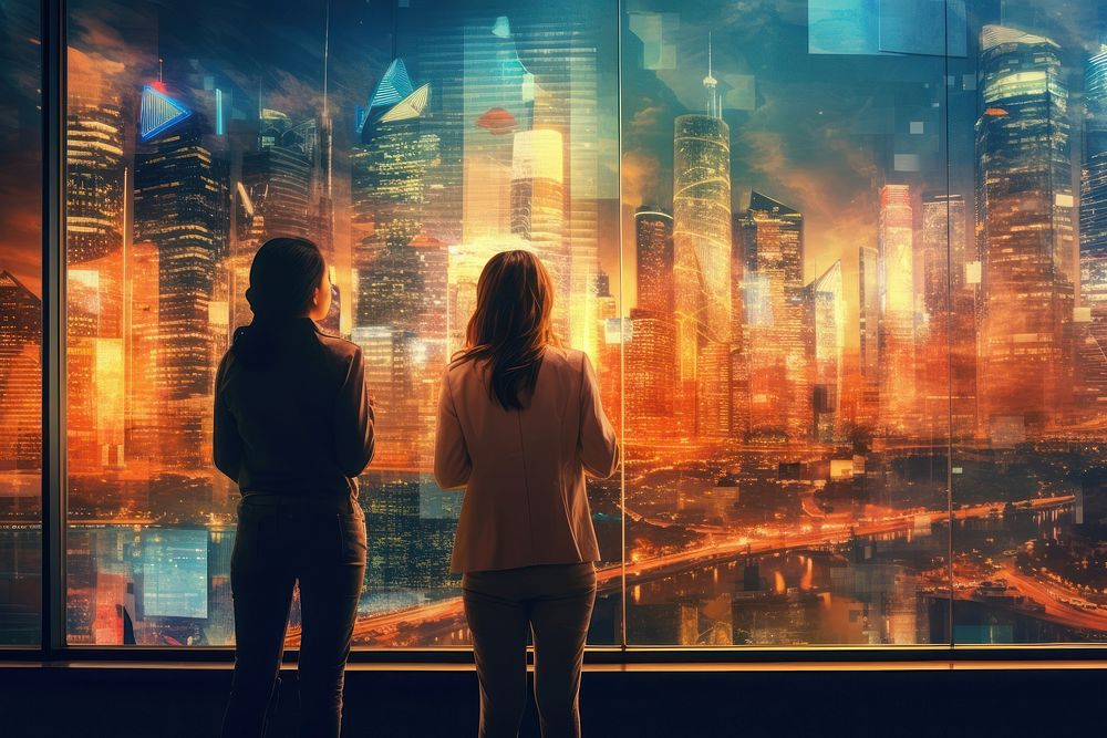 Businesswomen looking at image of city architecture cityscape building.