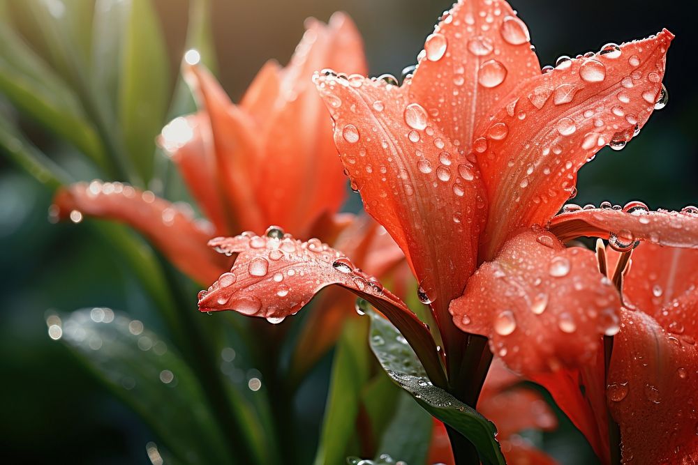 Canna with dew droplet flower plant.