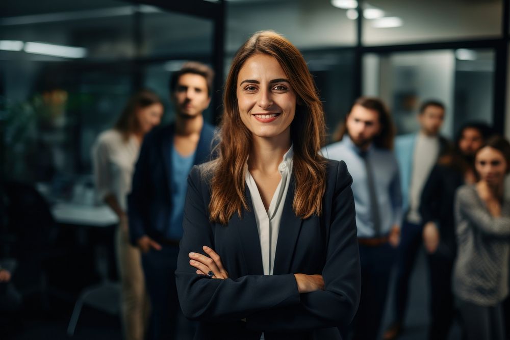 A business woman standing next to a screen in a meeting at the office smiling adult happiness.