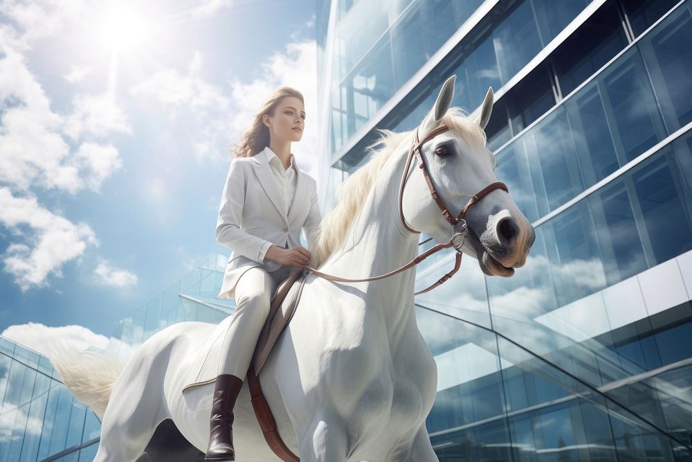 Businesswomen suit sitting on his white horse building animal mammal.
