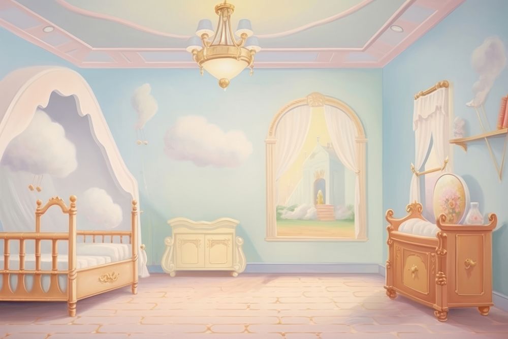 Painting of Baby room border furniture nursery bed.
