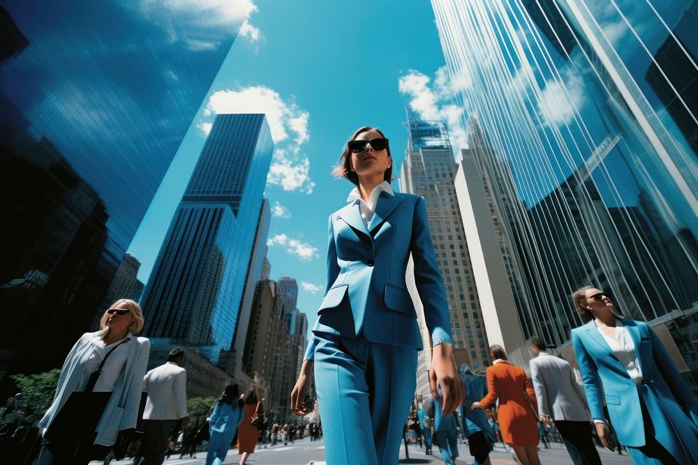 Businesswomen walking down a busy city street architecture adult blue.